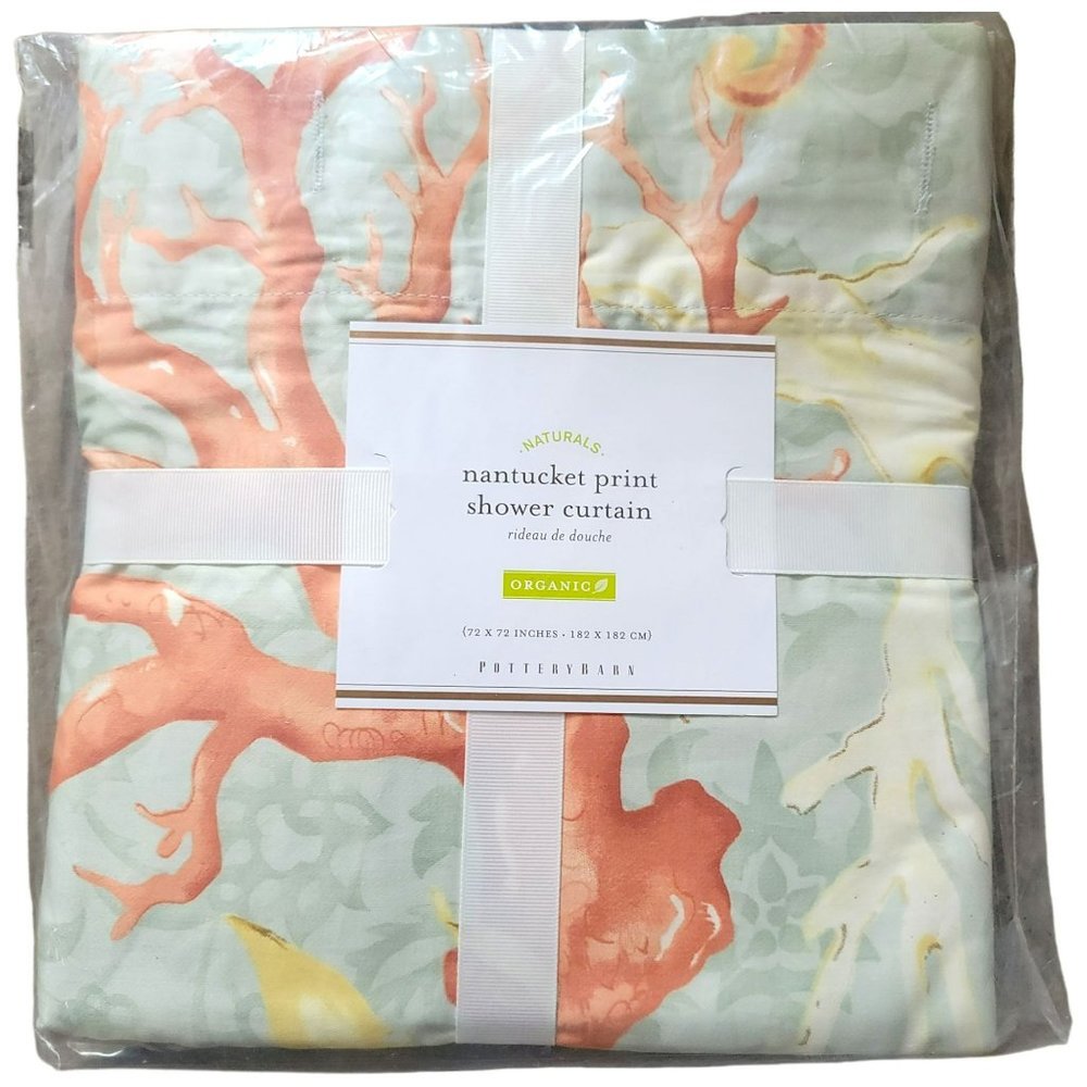 NWOT Pottery Barn Shower Curtain Nantucket Print Seaside 72" Organic Cotton